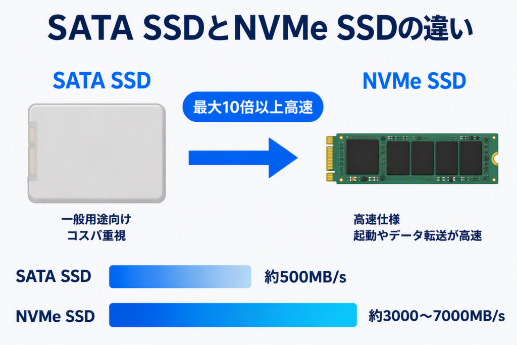 SATA SSDとNVMe SSDの違いを比較した図。SATA SSDは約500MB/sで一般用途向け、NVMe SSDは約3000〜7000MB/sで高速なデータ転送や起動に対応する。