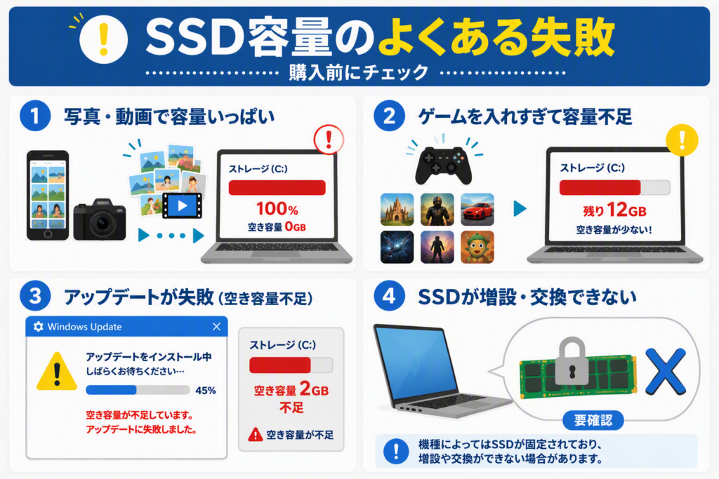 SSD容量不足でよくある失敗例をまとめた図。写真や動画の保存による容量不足、ゲームのインストールによる空き容量不足、Windowsアップデート失敗、SSDの増設や交換ができないケースを解説。