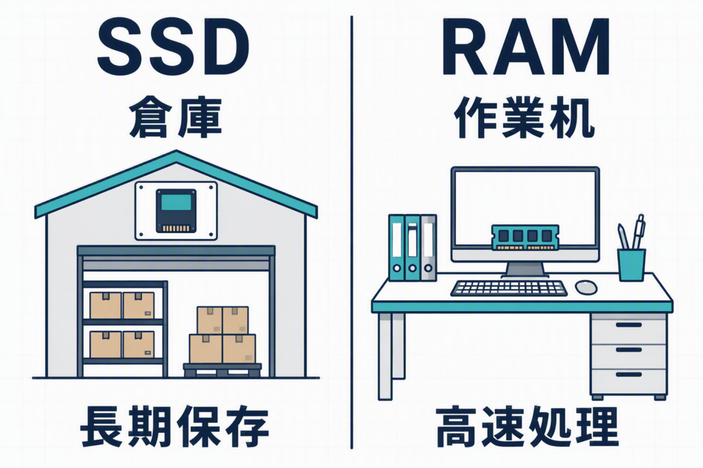 SSDとメモリの違いを分かりやすく解説した比較図