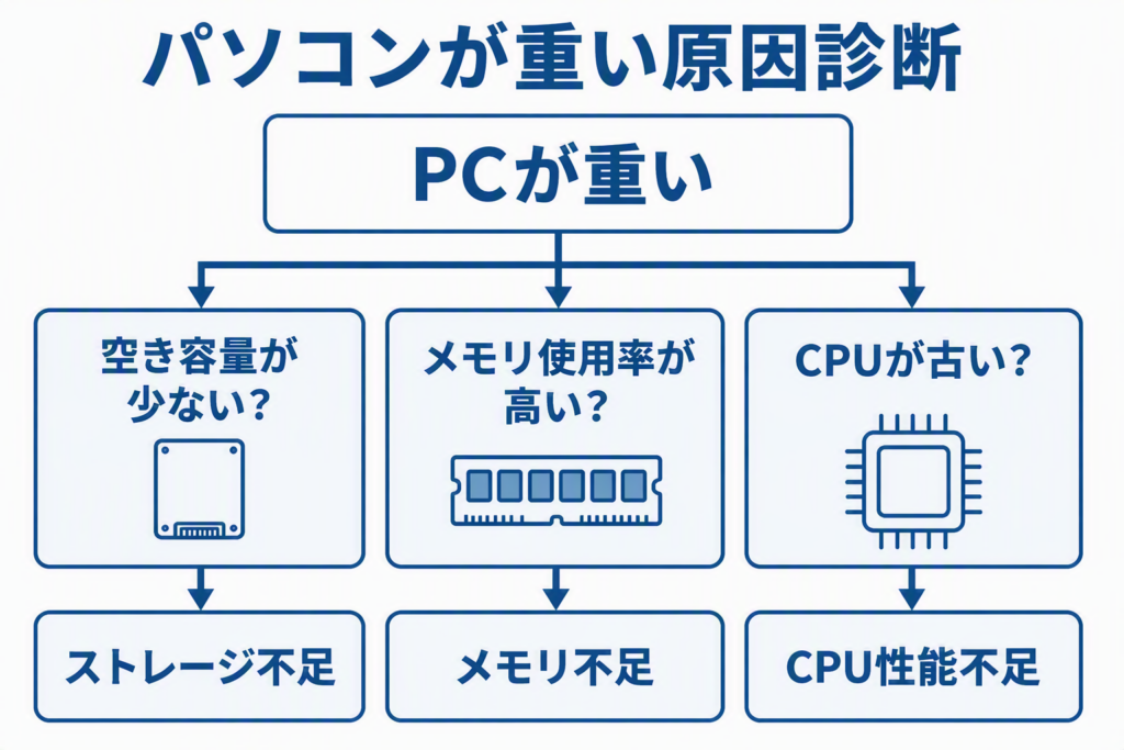 ストレージ不足・メモリ不足・CPU性能不足を診断するフローチャート