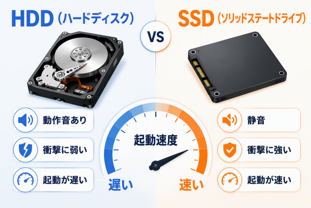 HDDとSSDを比較し、起動速度や特徴の違いを解説した図