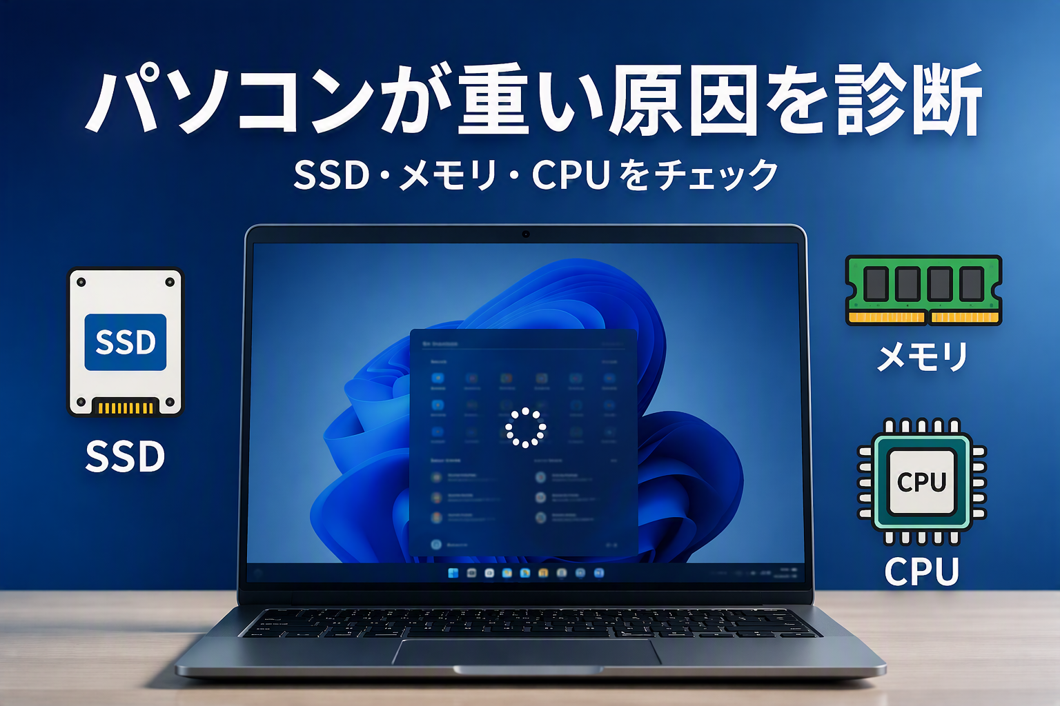 パソコンが重い原因をSSD・メモリ・CPUから診断するイメージ