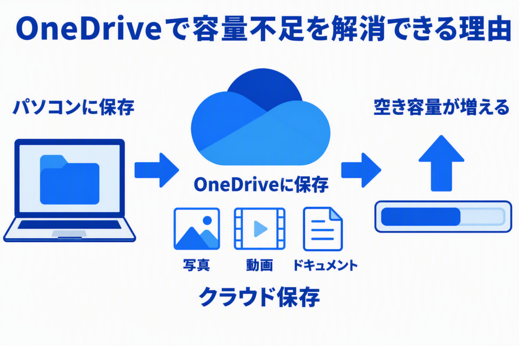 OneDriveで容量不足を解消する仕組みを説明した図。パソコン内のファイルをOneDriveへ保存することで空き容量が増えるイメーOneDriveで容量不足を解消する仕組みを説明した図。パソコン内のファイルをOneDriveへ保存することで空き容量が増えるイメージ