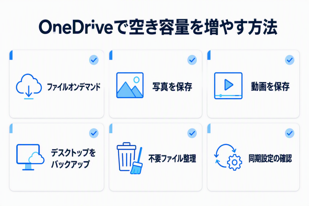 OneDriveで空き容量を増やす方法をまとめた図。ファイルオンデマンド、写真保存、動画保存、デスクトップバックアップ、不要ファイル整理、同期設定の確認を解説