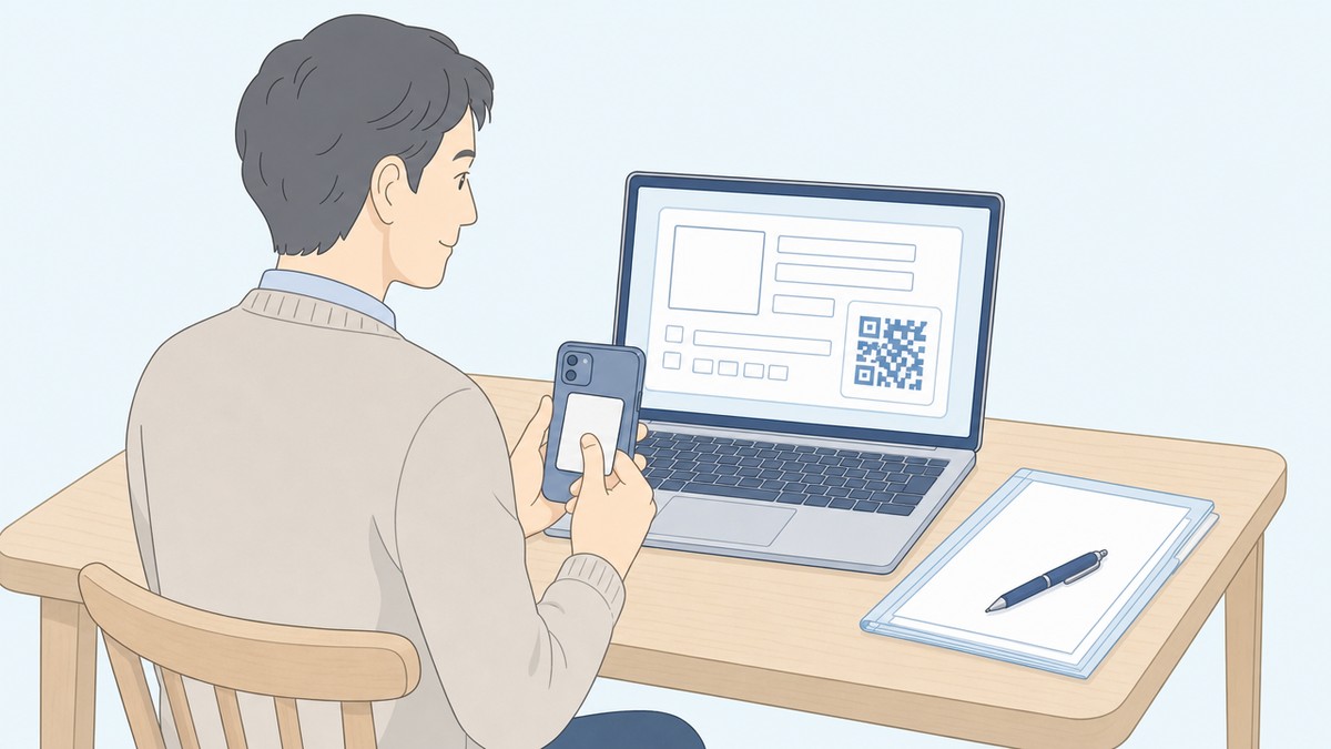 e-Taxで確定申告するためにパソコンとスマートフォンでマイナンバーカードを読み取る様子