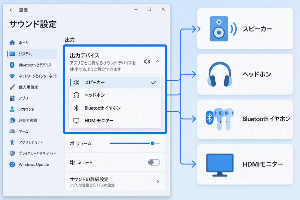 Windows 11で出力デバイスを確認する手順