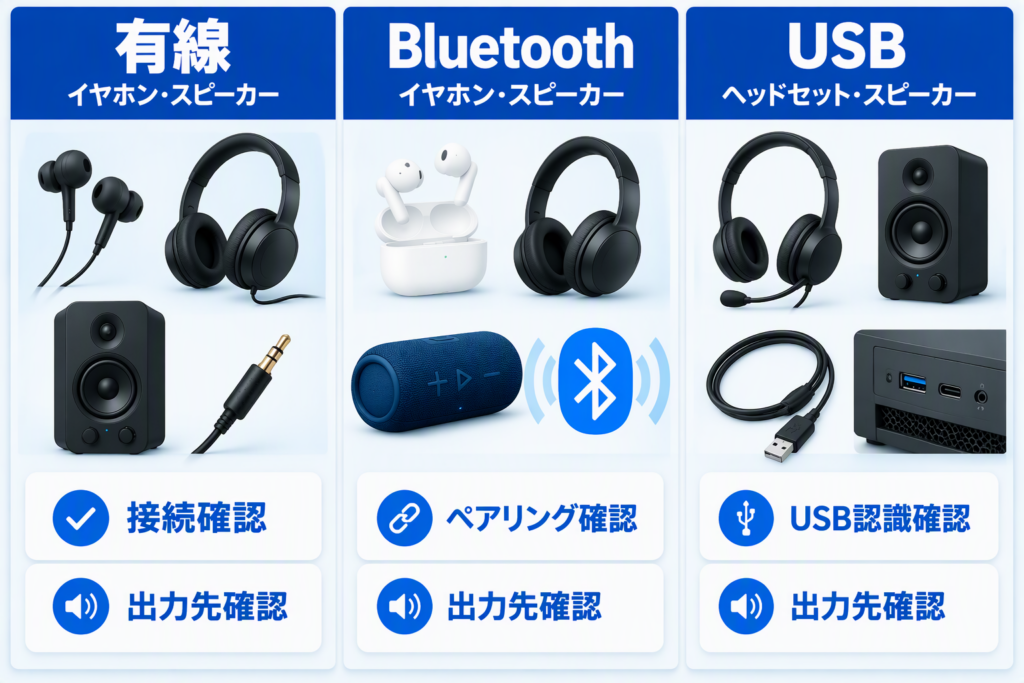 有線・Bluetooth・USBオーディオ機器の接続確認