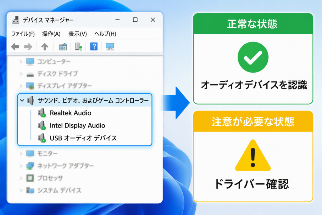 デバイスマネージャーでオーディオデバイスを確認する方法