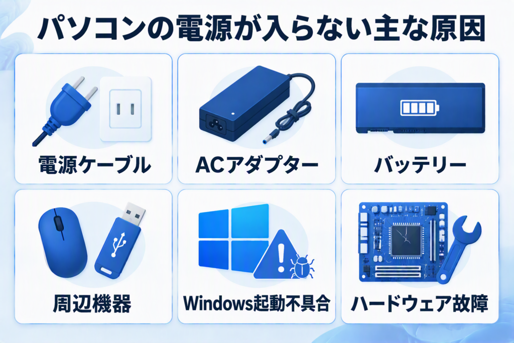 パソコンの電源が入らない主な原因一覧