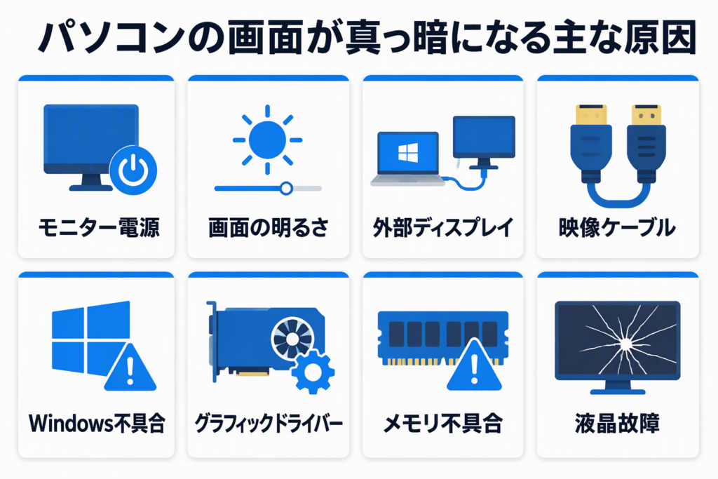 パソコンの画面が真っ暗になる主な原因