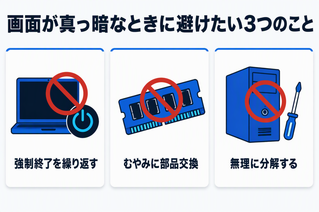 パソコンの画面が真っ暗なときに避けたい3つの対処