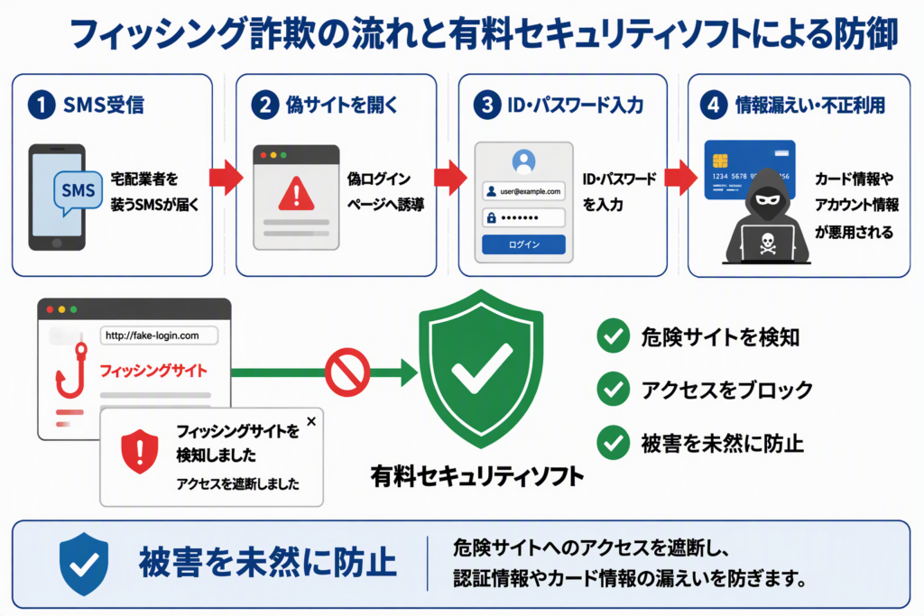 フィッシング詐欺の流れと有料セキュリティソフトによる防御