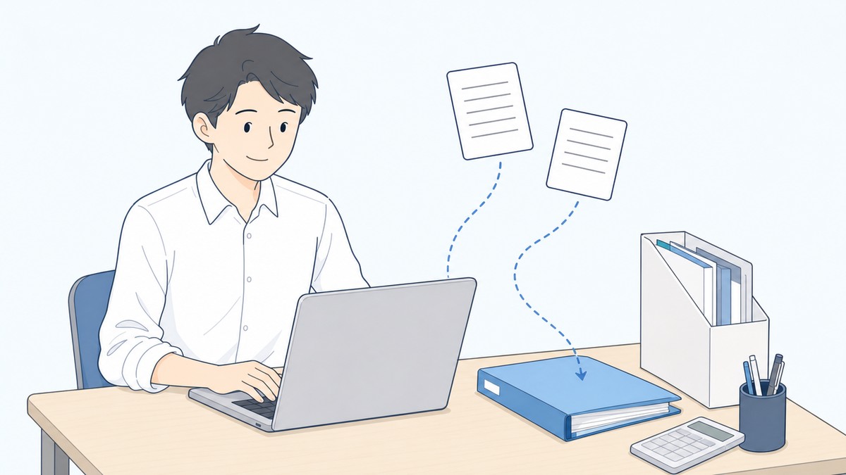 個人事業主が確定申告に向けてパソコンの購入書類を整理する様子