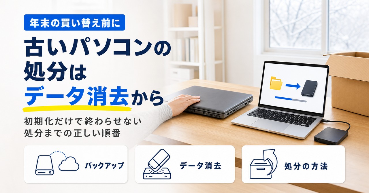 年末の買い替え前に古いパソコンのデータ消去と処分の手順を確かめる
