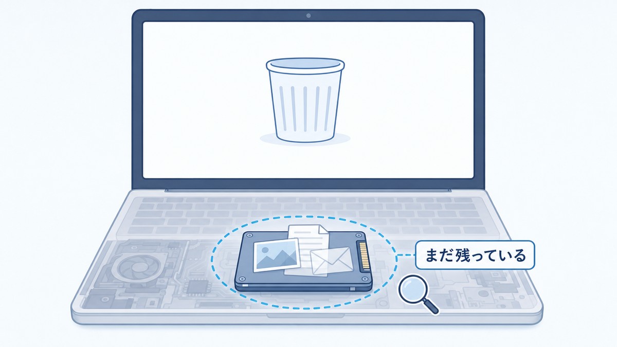 パソコンを処分する前に削除や初期化をしてもデータが消えずに残っているイメージ